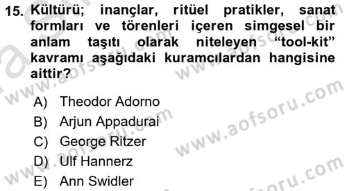 Kültür Sosyolojisi Dersi 2023 - 2024 Yılı (Vize) Ara Sınav Soruları 15. Soru