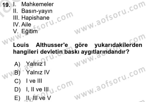 Kültür Sosyolojisi Dersi 2023 - 2024 Yılı (Vize) Ara Sınav Soruları 19. Soru