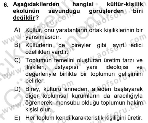 Kültür Sosyolojisi Dersi 2023 - 2024 Yılı (Vize) Ara Sınav Soruları 6. Soru