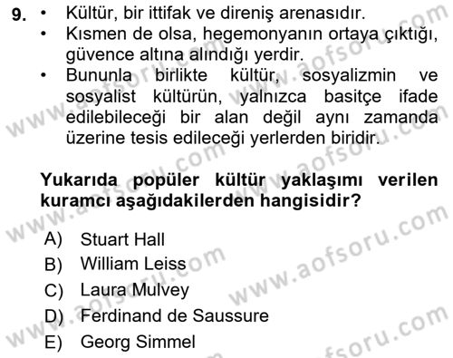 Kültür Sosyolojisi Dersi 2023 - 2024 Yılı (Final) Dönem Sonu Sınav Soruları 9. Soru
