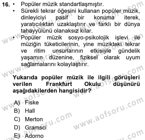 Kültür Sosyolojisi Dersi 2023 - 2024 Yılı Yaz Okulu Sınav Soruları 16. Soru