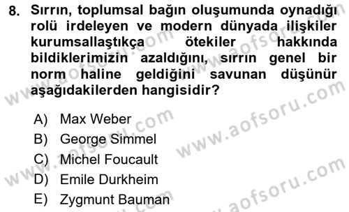 Kültür Sosyolojisi Dersi 2023 - 2024 Yılı Yaz Okulu Sınav Soruları 8. Soru