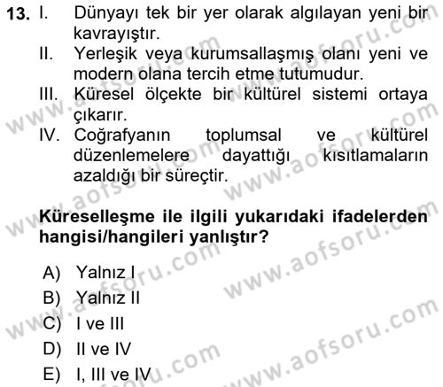 Kültür Sosyolojisi Dersi 2024 - 2025 Yılı (Vize) Ara Sınav Soruları 13. Soru