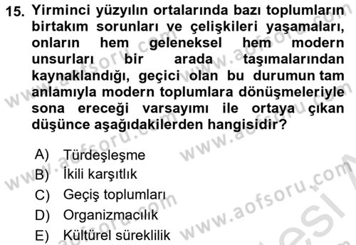 Kültür Sosyolojisi Dersi 2024 - 2025 Yılı (Vize) Ara Sınav Soruları 15. Soru