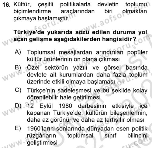 Kültür Sosyolojisi Dersi 2024 - 2025 Yılı (Final) Dönem Sonu Sınav Soruları 16. Soru