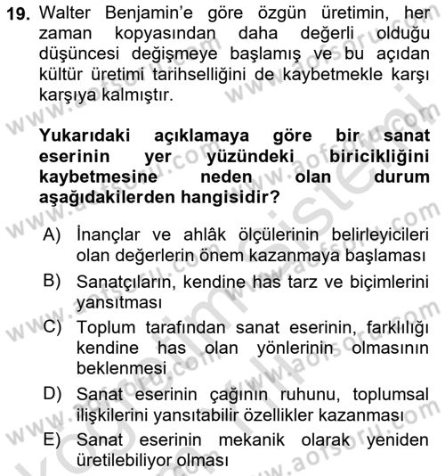 Kültür Sosyolojisi Dersi 2024 - 2025 Yılı Yaz Okulu Sınav Soruları 19. Soru