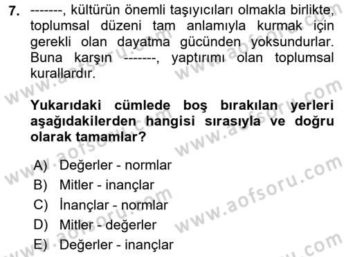Kültür Sosyolojisi Dersi 2024 - 2025 Yılı Yaz Okulu Sınav Soruları 7. Soru