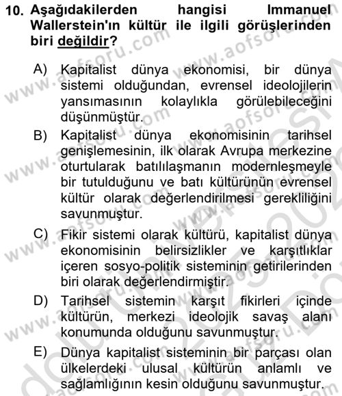 Kültür Sosyolojisi Dersi 2025 - 2026 Yılı (Vize) Ara Sınav Soruları 10. Soru