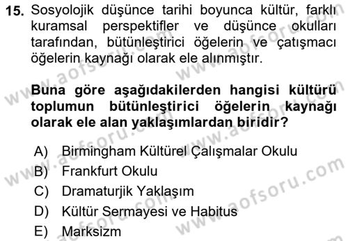 Kültür Sosyolojisi Dersi 2025 - 2026 Yılı (Vize) Ara Sınav Soruları 15. Soru