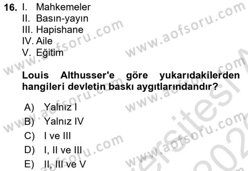 Kültür Sosyolojisi Dersi 2025 - 2026 Yılı (Vize) Ara Sınav Soruları 16. Soru