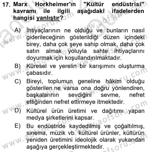 Kültür Sosyolojisi Dersi 2025 - 2026 Yılı (Vize) Ara Sınav Soruları 17. Soru