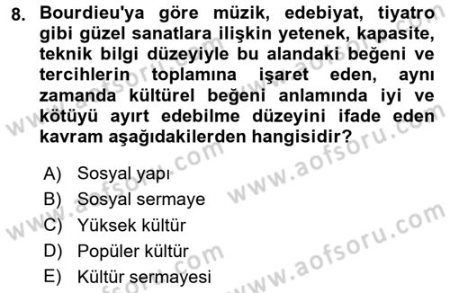 Kültür Sosyolojisi Dersi 2025 - 2026 Yılı (Vize) Ara Sınav Soruları 8. Soru