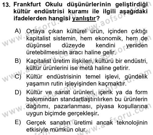Kültür Sosyolojisi Dersi 2025 - 2026 Yılı (Final) Dönem Sonu Sınav Soruları 13. Soru