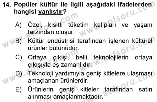 Kültür Sosyolojisi Dersi 2025 - 2026 Yılı (Final) Dönem Sonu Sınav Soruları 14. Soru