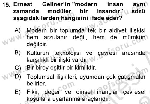 Kültür Sosyolojisi Dersi 2025 - 2026 Yılı (Final) Dönem Sonu Sınav Soruları 15. Soru