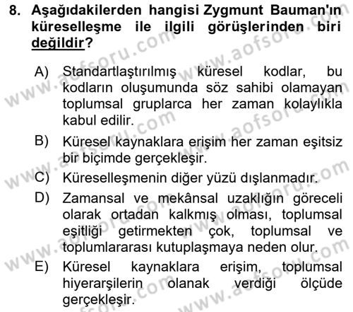Kültür Sosyolojisi Dersi 2025 - 2026 Yılı (Final) Dönem Sonu Sınav Soruları 8. Soru