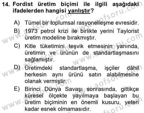 Kültür Sosyolojisi Dersi 2025 - 2026 Yılı Yaz Okulu Sınav Soruları 14. Soru