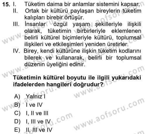 Kültür Sosyolojisi Dersi 2025 - 2026 Yılı Yaz Okulu Sınav Soruları 15. Soru
