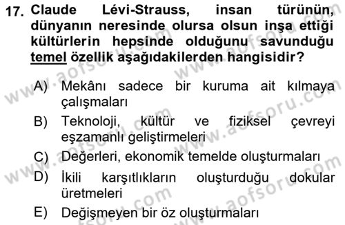 Kültür Sosyolojisi Dersi 2025 - 2026 Yılı Yaz Okulu Sınav Soruları 17. Soru
