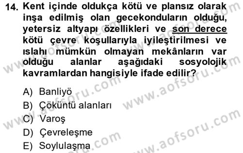 Kent Sosyolojisi Dersi 2013 - 2014 Yılı (Final) Dönem Sonu Sınav Soruları 14. Soru