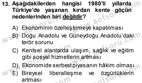 Kent Sosyolojisi Dersi 2014 - 2015 Yılı (Vize) Ara Sınav Soruları 13. Soru