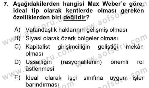 Kent Sosyolojisi Dersi 2015 - 2016 Yılı (Vize) Ara Sınav Soruları 7. Soru