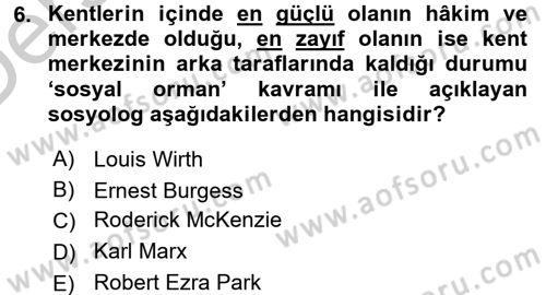 Kent Sosyolojisi Dersi 2016 - 2017 Yılı 3 Ders Sınav Soruları 6. Soru