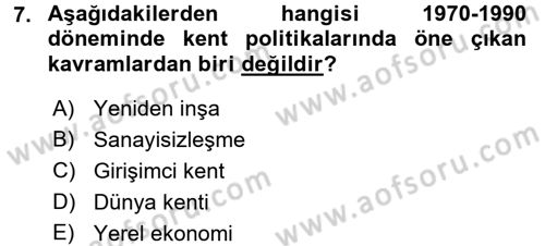 Kent Sosyolojisi Dersi 2016 - 2017 Yılı 3 Ders Sınav Soruları 7. Soru