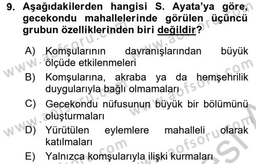 Kent Sosyolojisi Dersi 2016 - 2017 Yılı 3 Ders Sınav Soruları 9. Soru