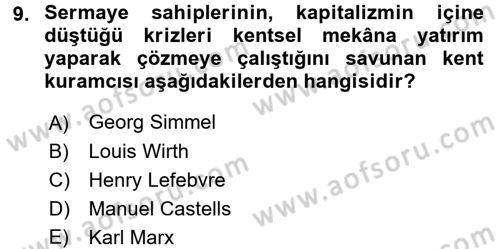Kent Sosyolojisi Dersi 2016 - 2017 Yılı (Vize) Ara Sınav Soruları 9. Soru