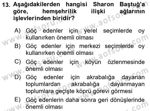 Kent Sosyolojisi Dersi 2018 - 2019 Yılı 3 Ders Sınav Soruları 13. Soru