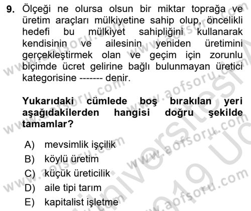Kent Sosyolojisi Dersi 2018 - 2019 Yılı 3 Ders Sınav Soruları 9. Soru