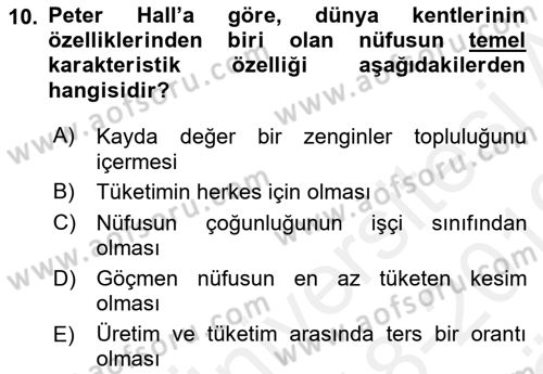 Kent Sosyolojisi Dersi 2018 - 2019 Yılı (Vize) Ara Sınav Soruları 10. Soru