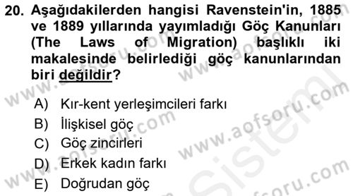 Kent Sosyolojisi Dersi 2018 - 2019 Yılı (Vize) Ara Sınav Soruları 20. Soru