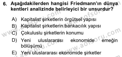 Kent Sosyolojisi Dersi 2018 - 2019 Yılı (Final) Dönem Sonu Sınav Soruları 6. Soru