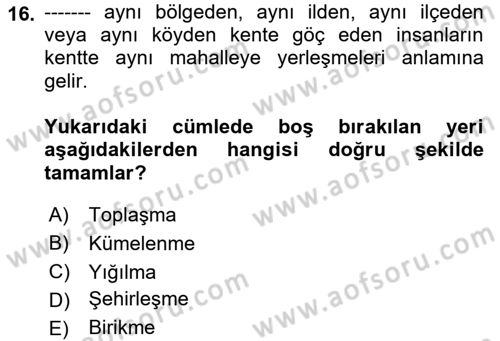 Kent Sosyolojisi Dersi 2018 - 2019 Yılı Yaz Okulu Sınav Soruları 16. Soru