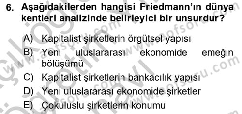 Kent Sosyolojisi Dersi 2018 - 2019 Yılı Yaz Okulu Sınav Soruları 6. Soru