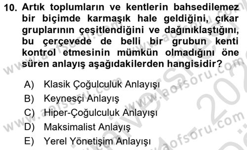 Kent Sosyolojisi Dersi 2021 - 2022 Yılı (Vize) Ara Sınav Soruları 10. Soru