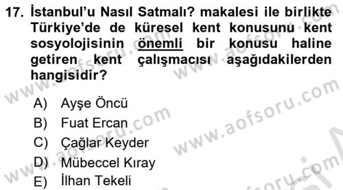 Kent Sosyolojisi Dersi 2021 - 2022 Yılı (Vize) Ara Sınav Soruları 17. Soru