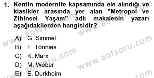 Kent Sosyolojisi Dersi 2022 - 2023 Yılı Yaz Okulu Sınav Soruları 1. Soru