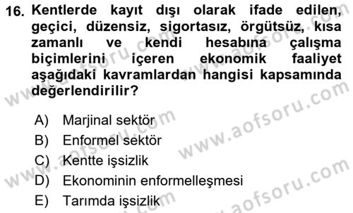Kent Sosyolojisi Dersi 2022 - 2023 Yılı Yaz Okulu Sınav Soruları 16. Soru