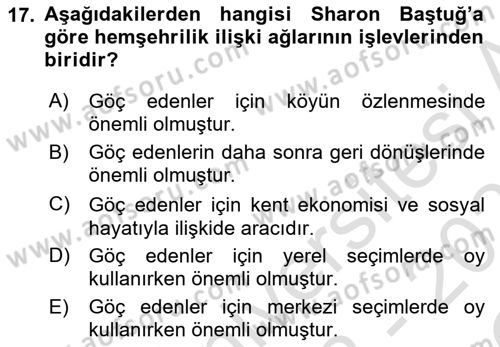 Kent Sosyolojisi Dersi 2022 - 2023 Yılı Yaz Okulu Sınav Soruları 17. Soru
