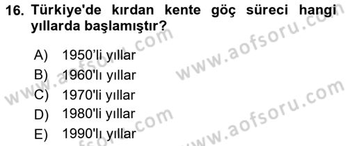 Kent Sosyolojisi Dersi 2023 - 2024 Yılı (Vize) Ara Sınav Soruları 16. Soru