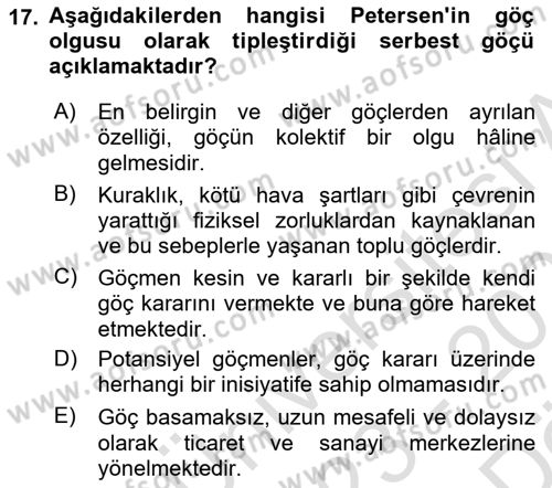 Kent Sosyolojisi Dersi 2023 - 2024 Yılı (Vize) Ara Sınav Soruları 17. Soru