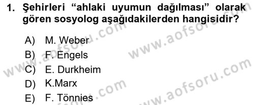 Kent Sosyolojisi Dersi 2023 - 2024 Yılı Yaz Okulu Sınav Soruları 1. Soru