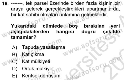 Kent Sosyolojisi Dersi 2023 - 2024 Yılı Yaz Okulu Sınav Soruları 16. Soru