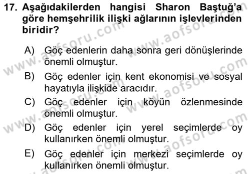 Kent Sosyolojisi Dersi 2023 - 2024 Yılı Yaz Okulu Sınav Soruları 17. Soru