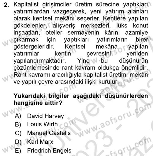 Kent Sosyolojisi Dersi 2023 - 2024 Yılı Yaz Okulu Sınav Soruları 2. Soru