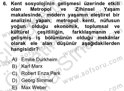 Kent Sosyolojisi Dersi 2024 - 2025 Yılı (Vize) Ara Sınav Soruları 6. Soru