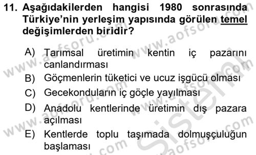 Kent Sosyolojisi Dersi 2024 - 2025 Yılı (Final) Dönem Sonu Sınav Soruları 11. Soru